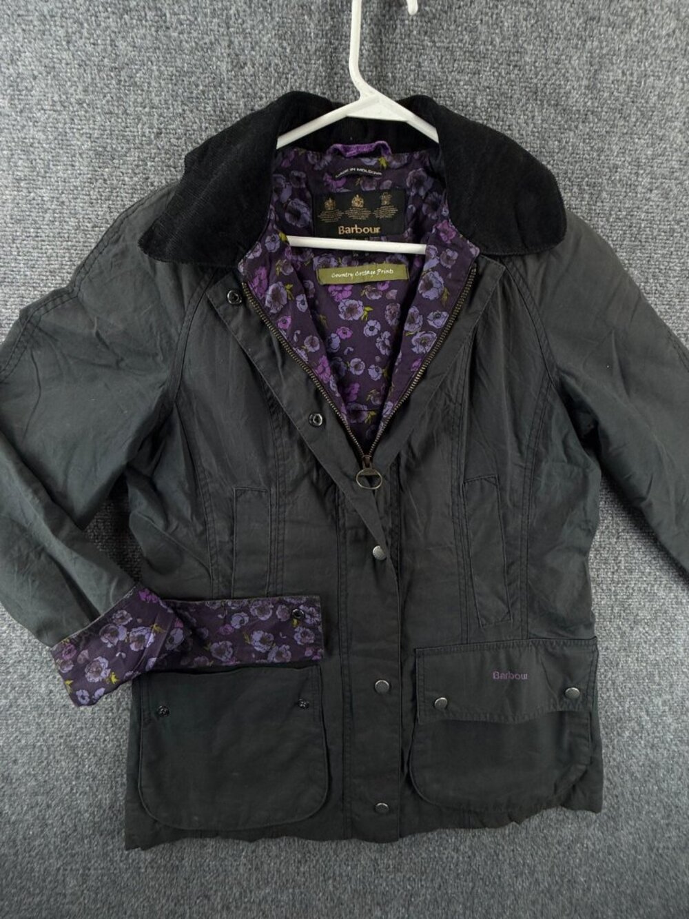 Barbour Beadnell Wax Jacket Blue Purple Floral Canvas Size 6 Country Cottage